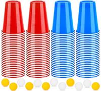 Frasheng Beer Play Pong Kit, Vasos Reutilizables, 100 Vasos(50 Rojas + 50 Azules) y 12 Bolas, Juego de Copas y Bolas Beer Pong, para Bebidas, Fiesta Celebración, Juego para Beber, 16oz/450ml