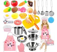 Frasheng Juguetes de Cocina para niños Accesorios,30 Piezas Juguetes de Chef para Niños,Frutas y Verduras para Cortar,Juego de Roles de Cocina,Utensilios Cocina Juguete con Delantal y Gorro de Chef