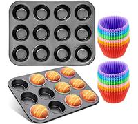 Frasheng Moldes de horneado,Bandejas para hornear magdalenas,antideslizantes,de acero al carbono,juego de 2 + Moldes de horneado de silicona,reutilizables,colores,juego de 24,para Muffins,Cupcakes