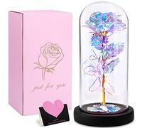 Frasheng Rosa Eterna Bella y Bestia,Hoja de Oro 24K Rosa en Cubierta de Vidrio,Chapado en Oro Rosa Flor luz LED,Colorida Flor Artificial de Lámina de Oro Rosa,para día de San Valentín,Madre