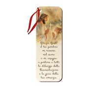 Fratelli Bonella | Marcapáginas religioso que representa a Jesús rezando con un niño fabricado con fibras de madera utilizado también como cierre paquete con cordón rojo | Made in Italy