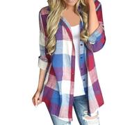 Frauen Casual Passende Farbe Langarm Taste Lose Kariertes Hemd Bluse Top, Rosa, S