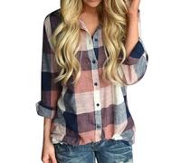 Frauen Casual Passende Farbe Langarm Taste Lose Kariertes Hemd Bluse Top, verde caqui, XL