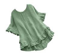 Frauen Frühling Sommer Kleidung Feste Taste Zurück Rüschen Trim Bluse Casual Kurzarm Bluse, Verde, M