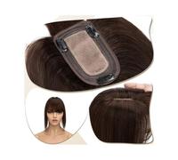 Frauen Haare - Extensión de cabello humano real con clip, base de seda, 7 x 12,5 cm, con flequillo, 150 % de densidad, extensiones de cabello lacio (marrón oscuro, 14 pulgadas)