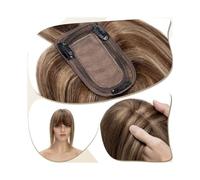 Frauen Haare - Extensión de pelo con clip de base de seda de 7 x 12,5 cm, para mujer, cabello humano real con flequillo, 150 % de densidad, extensiones de cabello lacio (marrón medio + rubio oscuro