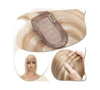 Frauen Haare - Extensión de pelo con clip de base de seda de 7 x 12,5 cm, para mujer, cabello humano real con flequillo, 150 % de densidad, extensiones de cabello lacio (marrón dorado + rubio