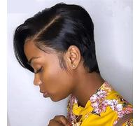 Frauen Haare - Peluca corta tipo Bob de 15 cm, corte Pixie, peluca de encaje de 13 x 1 pulgadas, pelucas de cabello humano brasileño Remy lacio, pelucas de cabello humano lacio