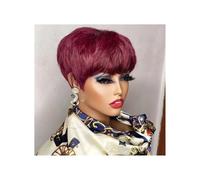 Frauen Haare - Peluca de cabello humano corto de corte Pixie para mujeres negras, pelucas con flequillo, peluca brasileña de color marrón (rojo vino)
