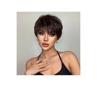 Frauen Haare - Pelucas sintéticas cortas de color marrón oscuro, peluca lacia natural con flequillo esponjoso para mujer, extensiones de cabello diario