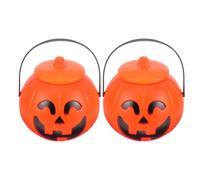 FRCOLOR 2 Piezas Cubo de Calabaza con Asa para Dulces de Halloween con Tapa Segura y Diseño Festivo, Cubo de Plástico Naranja Adecuado para Decoraciones y Reuniones Familiares