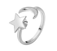 FRCOLOR Anillo De Estrella y Luna Abierto Ajustable, Anillo De Dedo Femenino De Metal Plateado, Joyería Para Mujer, Uso Diario, Talla Regulable Diseño Giratorio