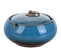 FRCOLOR Cenicero Grande de Cerámica Esmaltada Azul con Tapa Antiviento, Base Antideslizante y Ranuras para Cigarrillos, Adecuado para Oficina, Sala de Estar y Decoración Interior