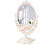 FRCOLOR Espejo de Tocador Portátil Espejo de Maquillaje de Cristal Tamaño Mediano Giratorio 360° Estilo Europeo Barroco para Mujeres Uso en Dormitorio Sobremesa Color Crema Claro