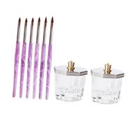FRCOLOR Juego De Vasos De Cristal Para Pinceles De Uñas 2 Piezas, 6 Pinceles De Punta Fina De Pelo Natural 3d Para Arte De Uñas, Herramientas Profesionales Para Manicure y Diseño Creativo