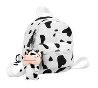 FRCOLOR Mochila Adorable de Lona con Estampado de Vaca, Mochila Casual para Mujer y Niña, Bolso de Hombro en Color Claro con Llavero de Peluche, Ligera y Multifuncional para Viajes y Uso