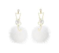 FRCOLOR Pendientes De Perla De Gato Plata De Ley Pompones y Bolas De Piel Sintética Colgantes Largos Para Otoño Invierno