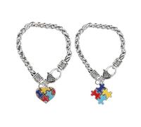 FRCOLOR Pulsera De Aleación De Zinc Rompecabezas Autismo, Decoración Concienciación Creativa, Ligera y Portátil Para Niños, 2 Piezas Corazones y Cuadrados
