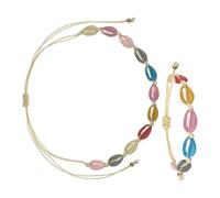 FRCOLOR Pulsera y Tobillera de Conchas de Color Claro Ajustable de Aleación Cuentas Tejidas a Mano, Joyas Bohemias para Playa y Verano, Conjunto de 2 Piezas para Niñas y Mujer