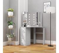 Frdhee Mesa de maquillaje de esquina con LED gris hormigón, 111 x 54 x 141,5 cm, mesa de vanidad para dormitorio, diseño moderno, fácil de mantener