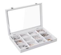 Frebeauty Bandeja de joyas 12 casillas caja de almacenamiento de joyas de terciopelo, caja de exhibición de collar de pulsera femenina con cajón de joyas con tapa transparente (12 casillas blancas)