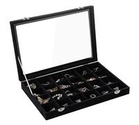 Frebeauty Bandeja de joyas 24 casillas joyas de terciopelo caja de almacenamiento cajón con tapa transparente caja de exhibición de collar de pulsera femenina con soporte de joyas (24 casillas negras)