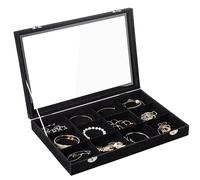 Frebeauty Bandeja de joyería 12 casillas caja de almacenamiento de joyas de terciopelo cajón de joyería con tapa transparente caja de exhibición de collar de pulsera de mujer (12 casillas negras)