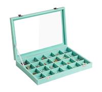 Frebeauty Bandeja de joyería de terciopelo, organizador de joyas de 24 rejillas con tapa transparente, organizador de aretes con cierre, anillos de inserción de cajón, broches colgantes, 13.8 x 9.5 x