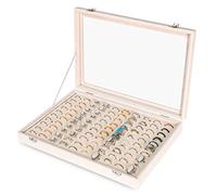 Frebeauty Bandeja organizadora de anillos con 100 ranuras para anillo con tapa transparente, caja de almacenamiento de anillo de terciopelo, bandeja de anillo caja de anillo para mostrar joyas(Beige)