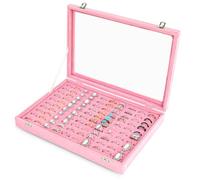 Frebeauty Bandeja organizadora de anillos con 100 ranuras para anillo con tapa transparente, caja de almacenamiento de anillo de terciopelo, bandeja de anillo caja de anillo para mostrar joyas (Rosa)