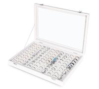 Frebeauty Bandeja organizadora de anillos con 100 ranuras para anillo con tapa transparente, caja de almacenamiento de anillo de terciopelo, bandeja de anillo(Blanco)