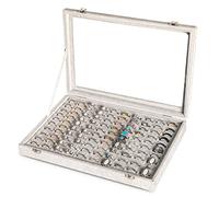Frebeauty Bandeja organizadora de anillos con 100 ranuras para anillo con tapa transparente, caja de almacenamiento de anillo de terciopelo, bandeja de anillo caja de anillo para mostrar joyas(Gris)