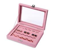 Frebeauty Bandeja organizadora de aretes/anillos tapa transparente, 7 ranuras Inserto de cajón de terciopelo Caja de almacenamiento de joyas Vitrina de joyería (rosa, 7 ranuras)