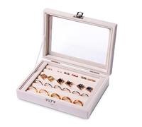 Frebeauty Bandeja organizadora de aretes/anillos tapa transparente, 7 ranuras Inserto de cajón de terciopelo Caja de almacenamiento de joyas Vitrina de joyería(beige, 7 ranuras)