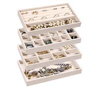 Frebeauty Bandeja organizadora de joyas, bandejas apilables de terciopelo para joyas, organizador de aretes para mujeres estuche de exhibición para anillos juego de 4 (Beige)