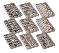 Frebeauty Bandeja organizadora de joyas, bandejas apilables de terciopelo para joyas, organizador de aretes para mujeres y niñas, estuche de exhibición para anillos juego de 9 (gris)
