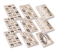 Frebeauty Bandeja organizadora de joyas, bandejas apilables de terciopelo para joyas, organizador de aretes para mujeres y niñas, estuche de exhibición para anillos juego de 9 (beige)