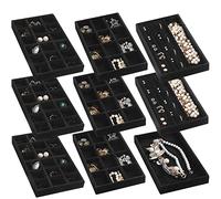 Frebeauty Bandeja organizadora de joyas bandejas de joyería de terciopelo apilables organizador de aretes para mujeres estuche de exhibición de almacenamiento de joyas para anillos juego de 9 (negro)