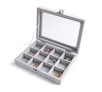 Frebeauty Bandeja organizadora de joyería tapa transparente 12 rejilla Inserto de cajón de terciopelo Caja de almacenamiento de joyas Vitrina de joyería(gris, 12 rejillas)