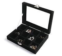 Frebeauty Bandeja organizadora de joyería tapa transparente 12 rejilla Inserto de cajón de terciopelo Caja de almacenamiento de joyas Vitrina de joyería(negro, 12 rejillas)