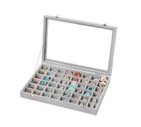 Frebeauty Bandeja para joyas con 48 compartimentos, soporte ajustable para pendientes con tapa de cristal, cajón de terciopelo, organizador de joyas para anillos (Grey)