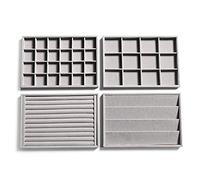 Frebeauty Bandejas organizadoras de joyas de terciopelo apilables para cajones, bandeja de almacenamiento de joyas, aretes, pulseras, collares, anillos, accesorios para mujeres (juego de 4) (gris).