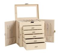 Frebeauty Caja de joyería grande, organizador de joyas de cuero sintético de 6 niveles con cerradura, funda de almacenamiento multifuncional con espejo, soporte de accesorios(Beige)