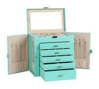 Frebeauty Caja de joyería grande, organizador de joyas de cuero sintético de 6 niveles con cerradura, funda de almacenamiento multifuncional con espejo, soporte de accesorios(Turquesa)