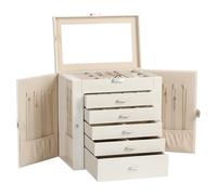 Frebeauty Caja de joyería grande, organizador de joyas de cuero sintético de 6 niveles con cerradura, funda de almacenamiento multifuncional con espejo, soporte de accesorios(Blanco)