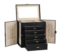 Frebeauty Caja de joyería grande, organizador de joyas de cuero sintético de 6 niveles con cerradura, funda de almacenamiento multifuncional con espejo, soporte de accesorios(Negro)
