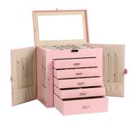 Frebeauty Caja de joyería grande, organizador de joyas de cuero sintético de 6 niveles con cerradura, funda de almacenamiento multifuncional con espejo, soporte de accesorios(Rosa)
