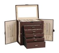 Frebeauty Caja de joyería grande, organizador de joyas de cuero sintético de 6 niveles con cerradura, funda de almacenamiento multifuncional con espejo, soporte de accesorios(Marrón oscuro)