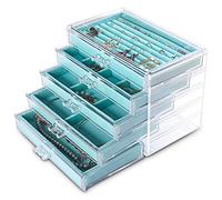 Frebeauty Joyero acrílico extra grande para mujer, 5 capas, organizador de joyas transparente, caja de terciopelo para aretes con 5 cajones, anillos, vitrina, collares, bandeja para mujeres(turquesa)