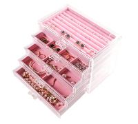 Frebeauty Joyero acrílico extra grande para mujer, organizador de joyas transparente de 5 capas, caja de terciopelo para aretes con 5 cajones, anillos, vitrina, collares, bandeja para mujeres(rosa)